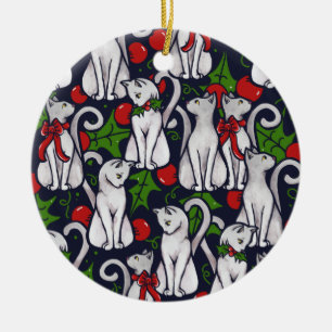 White Cat Christmas Gifts of Yule Ceramic Ornament