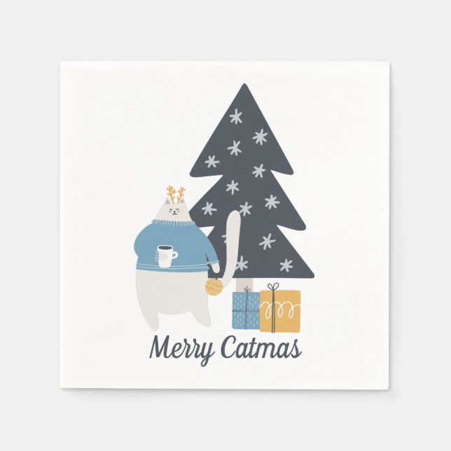White cat Christmas ornament tree Merry Catmas Napkin (Front)