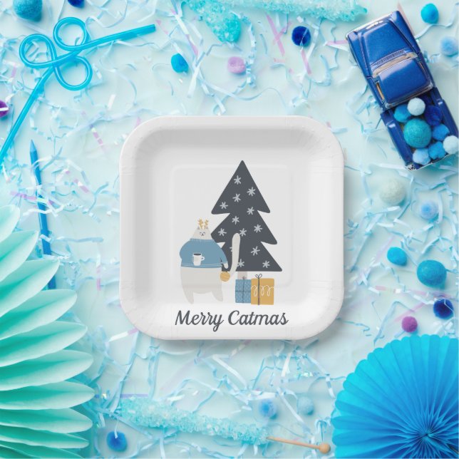 White cat Christmas ornament tree Merry Catmas  Paper Plate (Party)