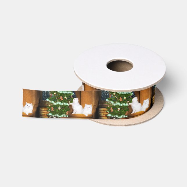 White cat Christmas Satin Ribbon (Spool)