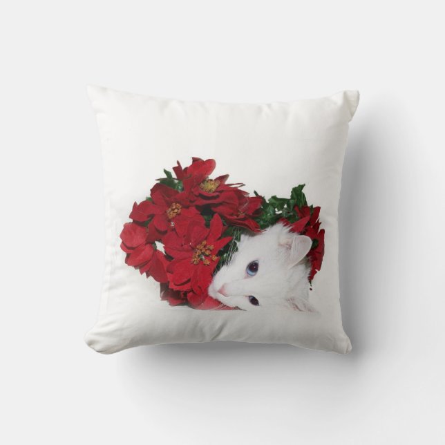 White cat Christmas Throw Pillow (Front)