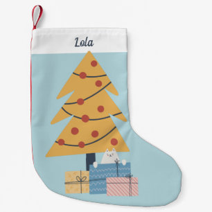 White cat Christmas tree presents personalize   Small Christmas Stocking