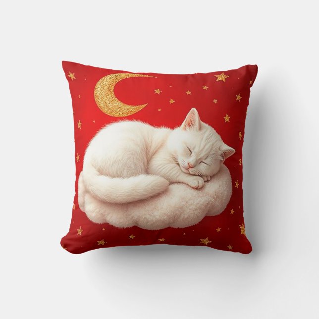 🐱 White Cat Cozy Sleep Home Style Red ❤️ Throw Pillow (Front)