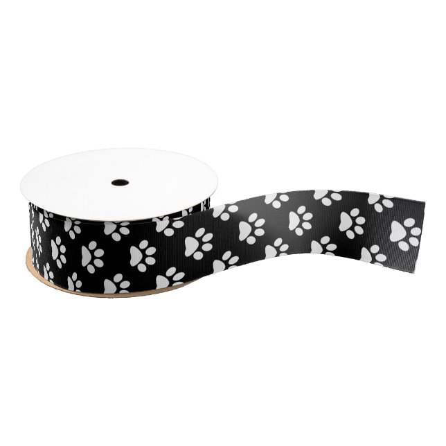 White Cat/Dog/Animal Paw Prints on Black Grosgrain Ribbon (Spool)