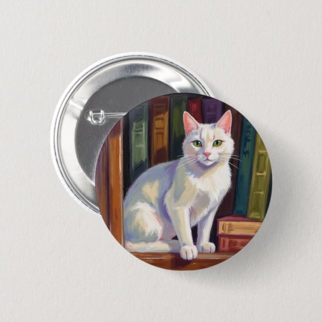 White Cat Drawing 2 Inch Round Button (Front & Back)