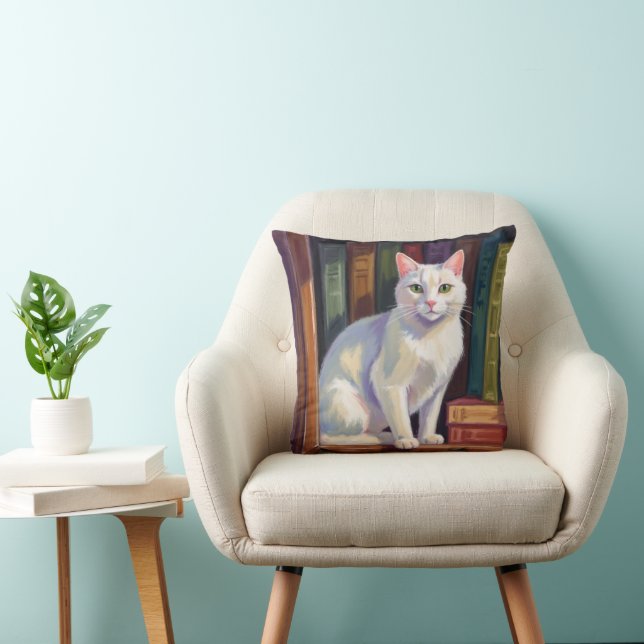 White Cat Drawing Throw Pillow (Chair)
