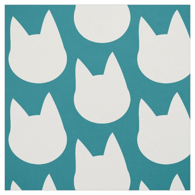 White Cat Face Pattern Teal Fabric (Swatch)