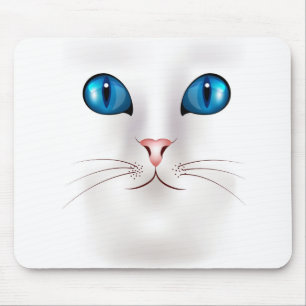 White Cat Face with Blue Eyes Mouse Pad