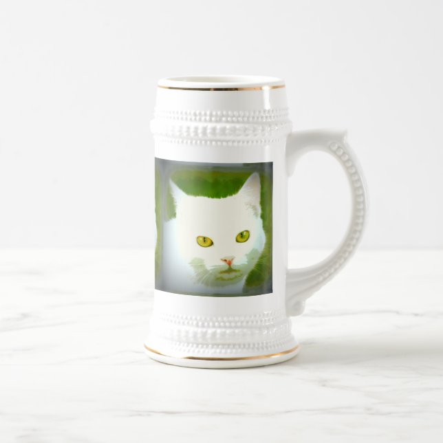 white cat faces beer stein (Right)