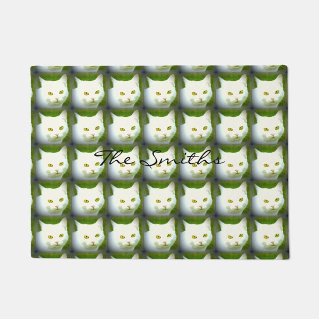 white cat faces doormat (Front)