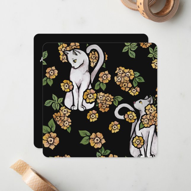 White Cat Flowers Card (Front/Back In Situ)