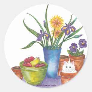 White Cat Fruit Flowers Watercolor "Liliana" Classic Round Sticker