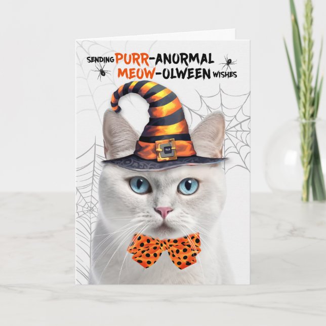White Cat Funny PURRanormal MEOWolween Holiday Card (Front)