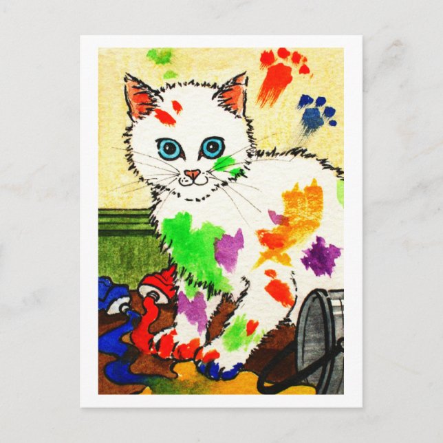 White cat getting paints all over the place postcard (Front)