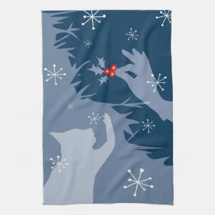 White Cat & Holly, midnight blue, tea towel