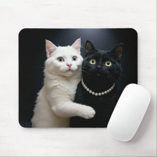 White Cat Hugging a Black Cat Mouse Pad