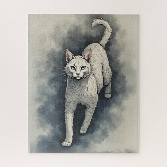 White Cat in a Chinese Ink Drawing Style Jigsaw Puzzle (Vertical)