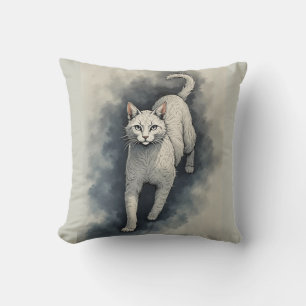 White Cat in a Chinese Ink Drawing Style Throw Pillow