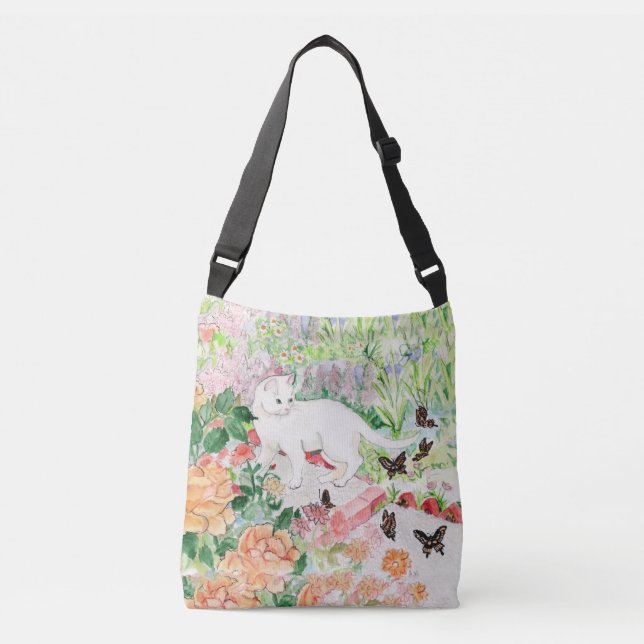 White Cat in a Garden  Cross Body Bag (Front)