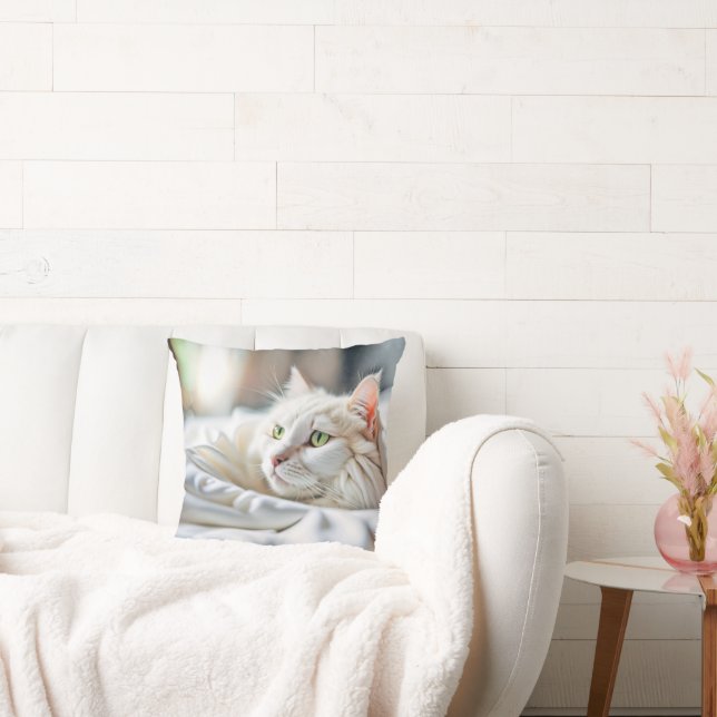 White Cat In A White Blanket Throw Pillow (Couch)