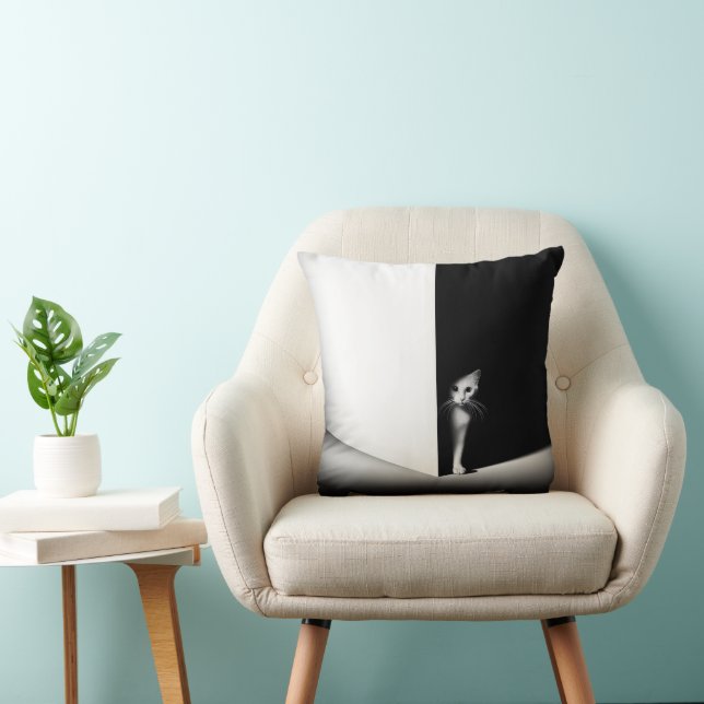 White Cat In Black Shadows Throw Pillow (Chair)