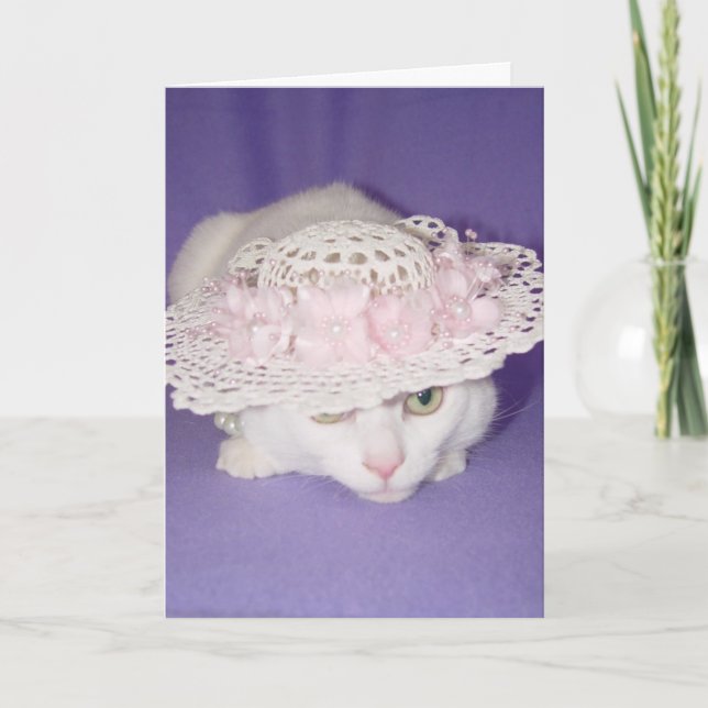 White Cat in Bonnet Holiday Card (Front)