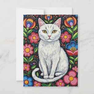 White Cat in Colorful Folk Art Flowers Postcard