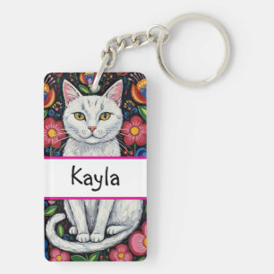 White Cat in Colourful Folk Art Flowers Personaliz Keychain