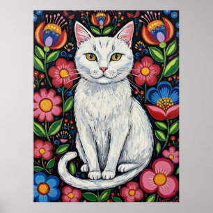 White Cat in Colourful Folk Art Flowers Poster