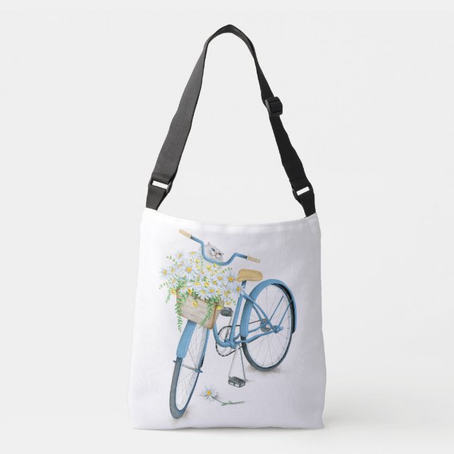 white cat in daisies on bicycle crossbody bag (Front)