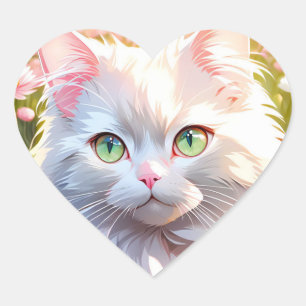 White Cat in Flower Field AI Art Heart Sticker