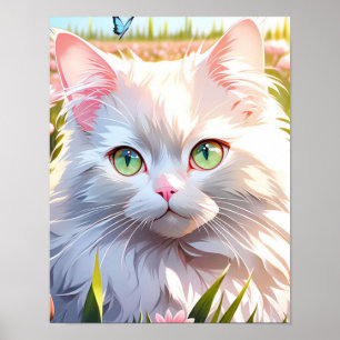 White Cat in Flower Field AI Art Poster