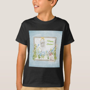 White Cat in Flower Garden Watching Bird on Cage T-Shirt