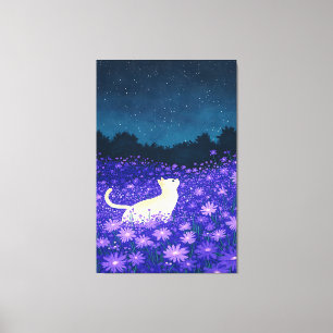 White Cat in Midnight Blossoms Canvas Print