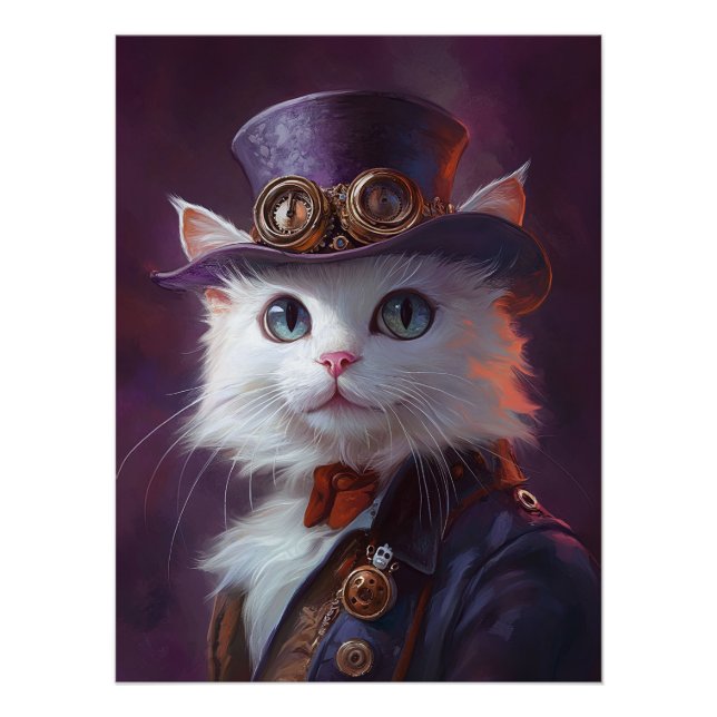 White Cat in Steampunk Costume Poster (Front)