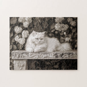 White Cat in the Flower Garden Jigsaw Puzzle