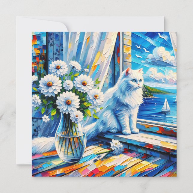 White Cat in Window sill Looking out at the Ocean (Front)