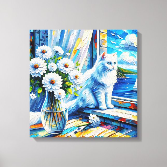 White Cat in Window sill Looking out at the Ocean Canvas Print (Front)