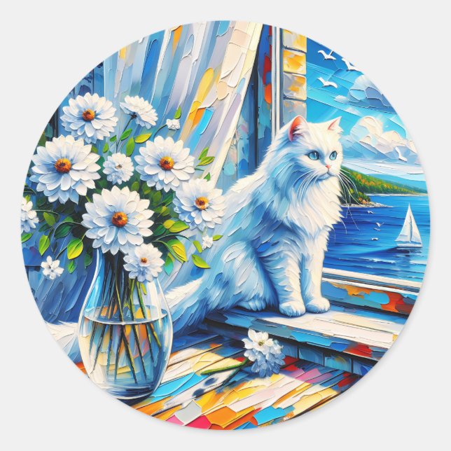 White Cat in Window sill Looking out at the Ocean Classic Round Sticker (Front)
