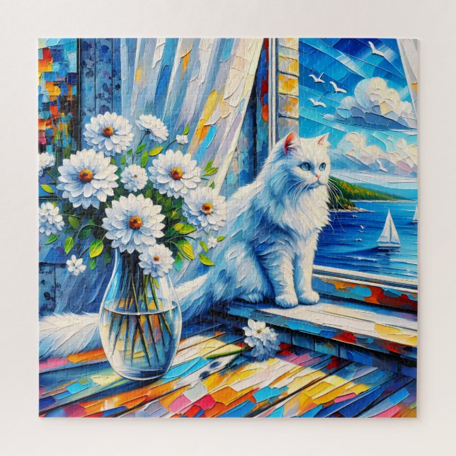 White Cat in Window sill Looking out at the Ocean Jigsaw Puzzle (Vertical)