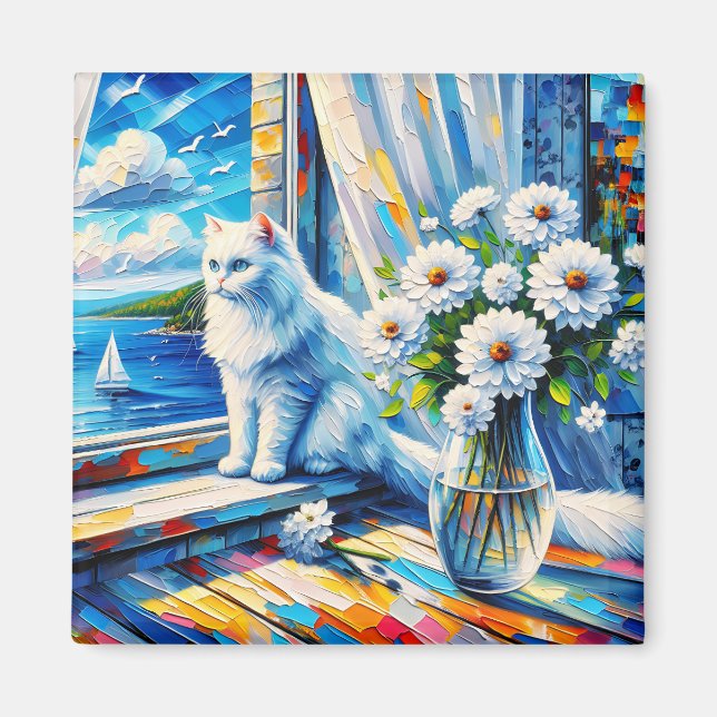 White Cat in Window sill Looking out at the Ocean Magnet (Front)