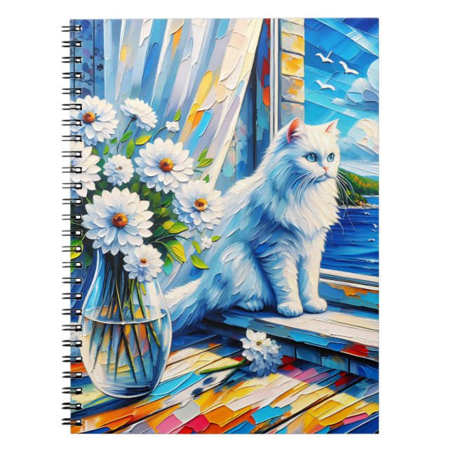 White Cat in Window sill Looking out at the Ocean Notebook (Front)