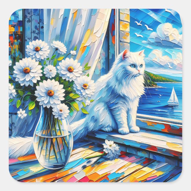 White Cat in Window sill Looking out at the Ocean Square Sticker (Front)