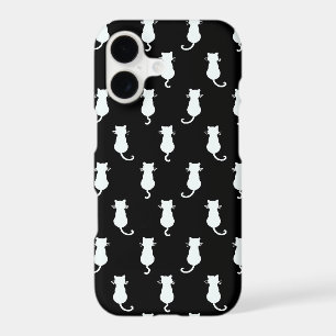 White Cat Isolated on Black Polka Dot Pattern