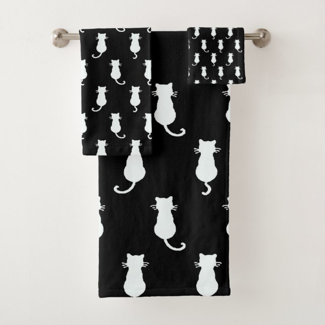 White Cat Isolated on Black Polka Dot Pattern Bath Towel Set (Insitu)