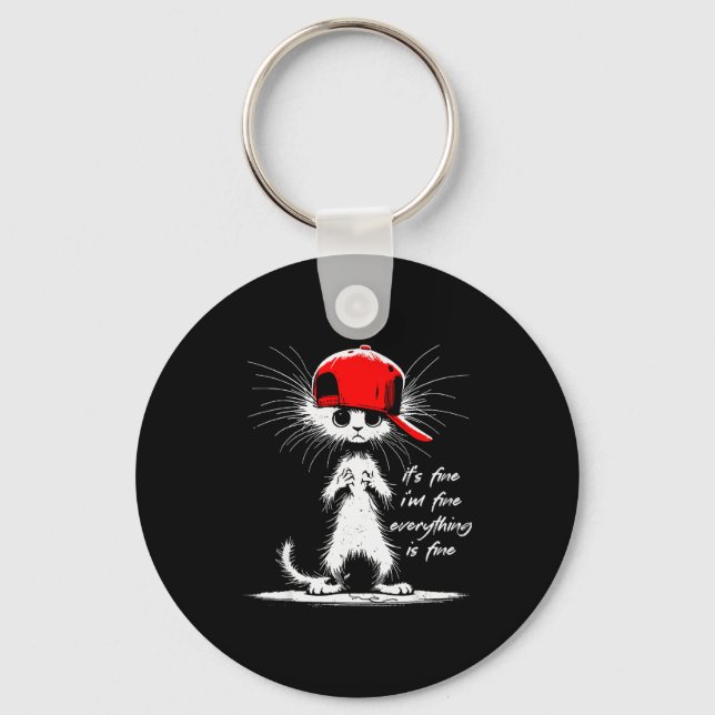White Cat It's Fine I'm Fine Everything Is Fine Fu Keychain (Front)