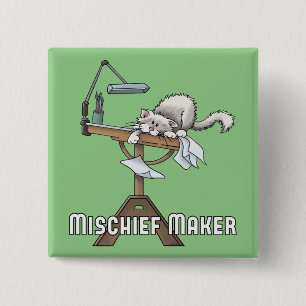 White Cat Mischief Maker  Button