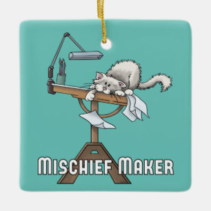 White Cat Mischief Maker   Ceramic Ornament