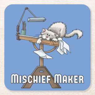 White Cat Mischief Maker Square Paper Coaster