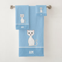 White Cat & Monogram on Light Blue